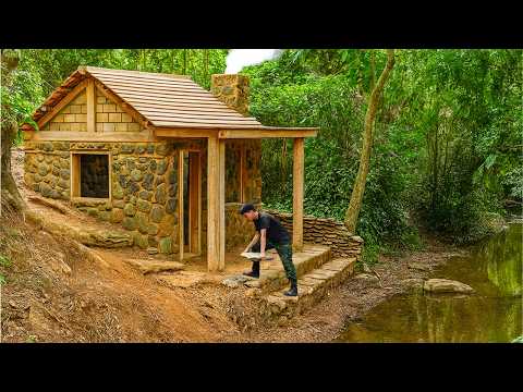 30 Days Solo Bushcraft, Building a Cozy House by the Stream, Catching and Cooking