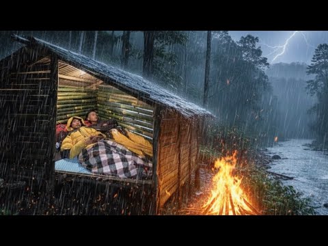 CAMPING BY THE RIVER DURING HEAVY RAIN ‼️CAMPING AND BUILDING A BAMBOO SHELTER