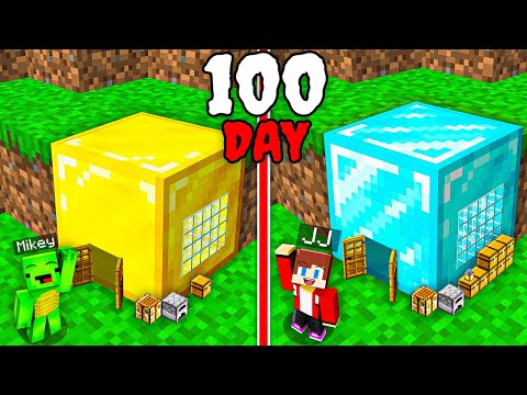JJ and Mikey: GOLD vs DIAMOND Block Base 100 Days Battle in Minecraft Challenge - Maizen Stories