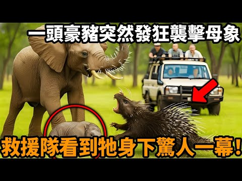 一頭豪豬突然發狂襲擊母象，母象的鼻子瞬間被扎滿鋒利的羽刺。救援隊趕來發現牠身下驚人一幕，眼前的畫面讓全場震驚！#母象 #豪豬 #母愛 #偷襲 #動物情感 #救援 #動物故事 #真實故事 #自然觀察日記