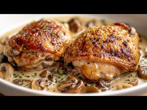 In just 30 minutes! Chicken thighs in a creamy garlic sauce with mushrooms!