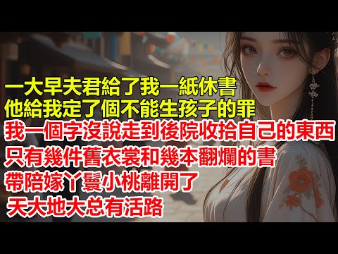 一大早夫君給了我一紙休書，他給我定了個不能生孩子的罪，我一個字沒說，走到後院收拾自己的東西，只有幾件舊衣裳和幾本翻爛的書，帶陪嫁丫鬟小桃離開了...