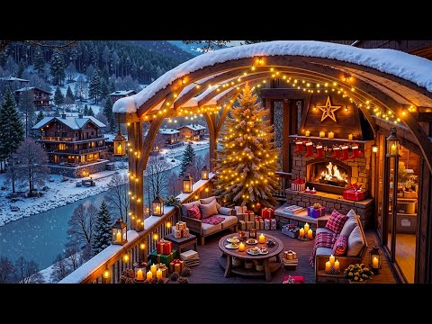 Cozy Christmas Porch Ambience by the Mountain 🎄 Warm Christmas Jazz Music & Snowy Scene for Relaxing