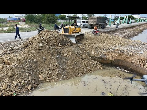 NICELY Landfill Task! Good Skill Of Dozer Driver Push Stone Into Canal Building Drain With Trucks