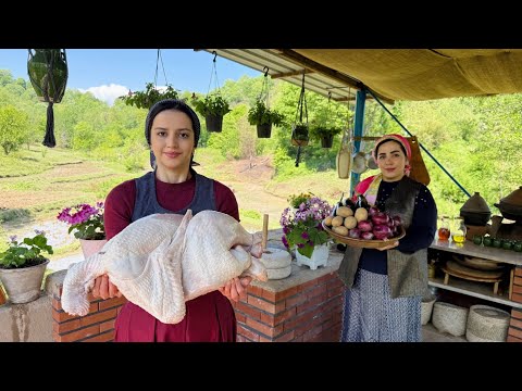 Cooking a large turkey; cooking turkey plum stew with eggplant and rice