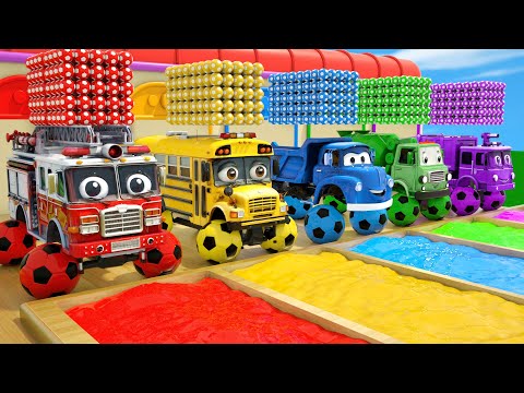 Fire Truck, School Bus & Dump Truck Color Challenge - Wheels On the Bus - Baby Nursery Rhymes