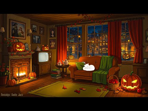 🎃 cozy halloween ambience | fireplace crackling & 1950s oldies playing in another room for unwind