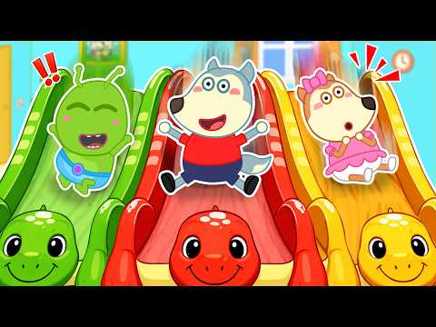 Baby Rides Colorful Dinosaur Slides for Kids! 🦕 Wolfy - Baby Cartoons