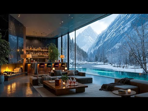 Elegant Winter Living Room Ambience with Jazz Relaxing Music ❄️ Cozy Fireplace & Snowfall for Work