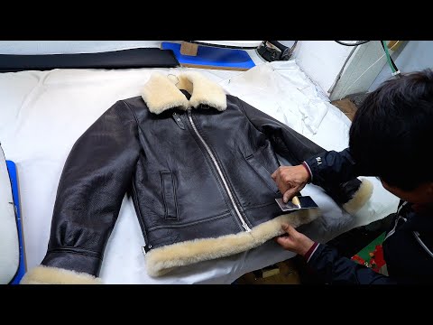 The process of making a shearling jacket from sheepskin. Korean shearling jacket factory