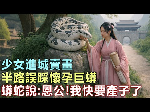民間故事：少女進城賣畫，半路誤踩懷孕巨蟒，蟒蛇說：恩公，我快要產子了