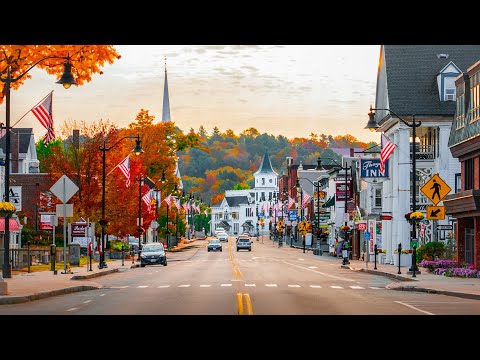 Autumn Sunrise Walk in Littleton, New Hampshire (4K) | Binaural Audio - Classic American Town 🍁🇺🇸
