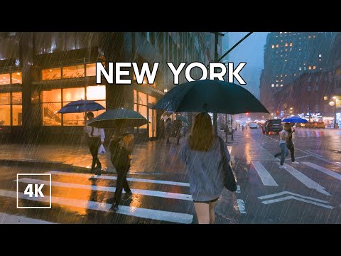 Walking in Heavy Thunderstorm in NYC Flooded Manhattan Heavy Rain