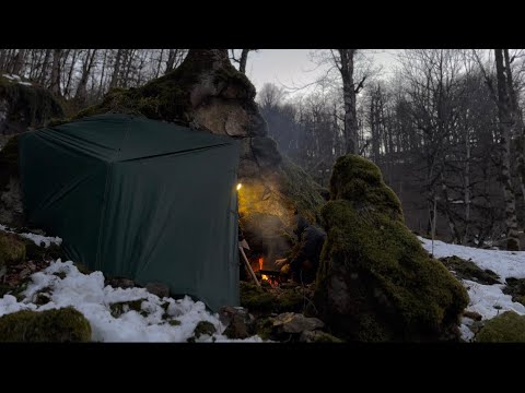 WINTER CAMPING in STONE SHELTER | building SHELTER among Big STONES | ASMR