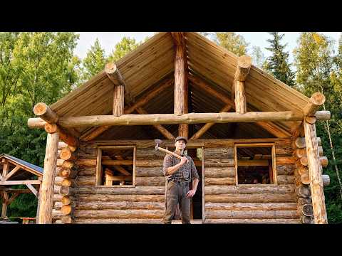 Living the Rustic Life in a Log Cabin Alone in the Wilderness - Hand-Built ROOF