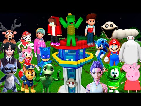 Stitch and ALL SCARY MONSTERS vs Paw Patrol Security House JJ and Mikey in minecraft ! Maizen