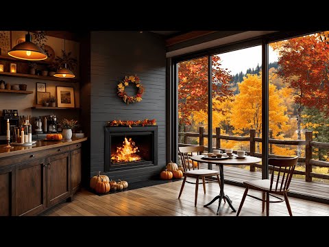 Autumn Coffee Shop Ambience with Crackling Fireplace 🍁☕ Smooth Jazz Music for Relax, Study, & Focus