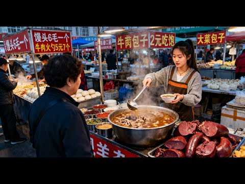辽宁沈阳小河沿早市：东北第一早市，冻梨、一米长的糖葫芦、粘豆包、现熬羊杂汤、猪血肠，馒头6毛一个，牛肉火勺5元7个，大菜包子2元吃饱