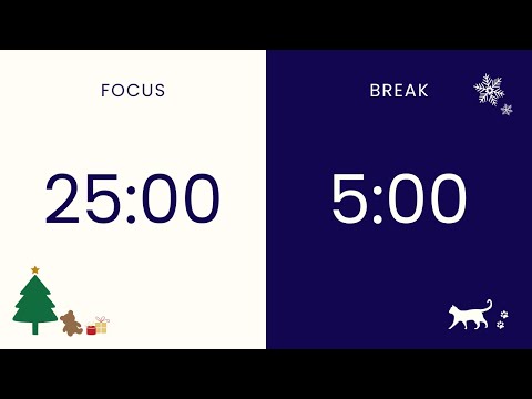 2 hour Pomodoro Timer 25/5 with a Little Cat 🐈‍⬛🎄💙 No Music, Holiday Edition, Navy Calm Study
