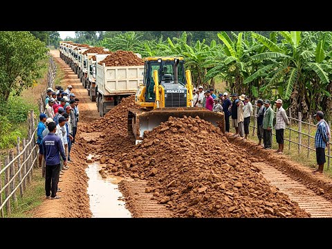 Komatsu D58A Bulldozer Skill! Perfect Soil Leveling as Dump Trucks Feed Continuous Road Base