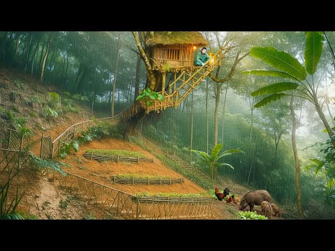 Surviving alone in the storm, Building a treehouse entrance and garden & Cooking with wild food.