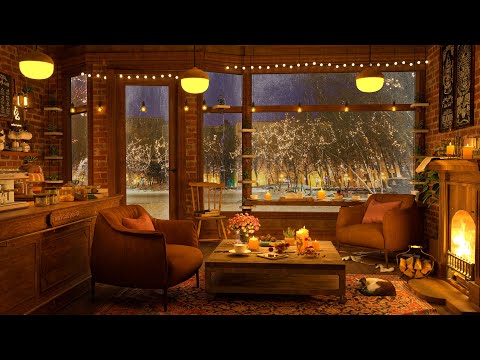 4K Rain and Crackling Fireplace at Cozy Coffee Shop Ambience | Jazz Music to Relax/Study/Work to
