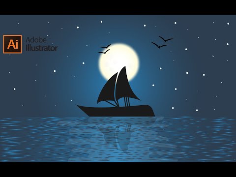 Night Moonlight sea boat  landscape  - Adobe Illustrator Tutorial