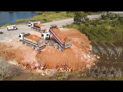 Perfectly Interested Landfill Project! Excellent Skill KOMATSU D61px With Dump Trucks Delivery Soils