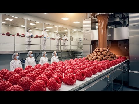 Inside a Chocolate Covered Raspberry Line Enrobing Frozen Fruit