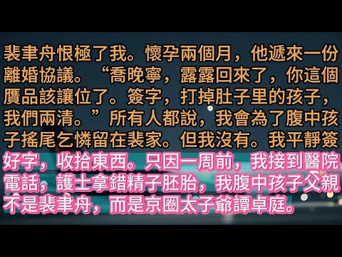 【完结】裴聿舟恨極了我。懷孕兩個月，他遞來一份離婚協議。“喬晚寧，露露回來了，你這個贋品該讓位了。簽字，打掉肚子里的孩子，我們兩清。”所有人都說，我會為了腹中孩子搖尾乞憐留在裴家。但我沒有。我平靜簽好