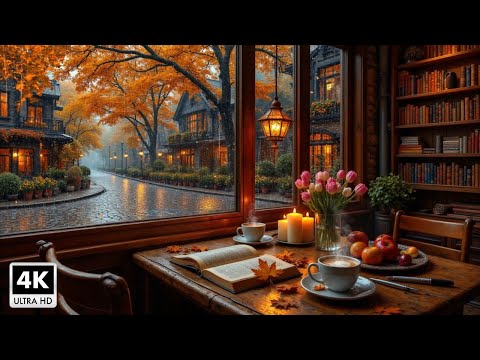 Beautiful Rainy Autumn Coffee Shop Space 🍂 Gentle Jazz Piano & Rain Sounds for Reading, Relax #6