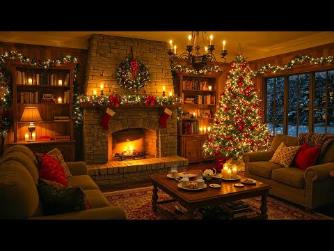 Cozy Christmas Music with Snowfall and Crackling Fireplace - Christmas Eve by the Fireplace to Relax