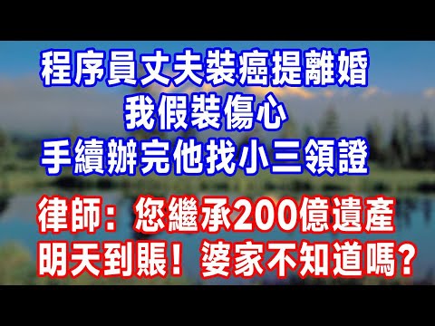 程序員丈夫裝癌提離婚，我假裝傷心，手續辦完他找小三領證，律師：您繼承200億遺產，明天到賬！婆家不知道嗎？#生活經驗 #人生感悟 #故事分享
