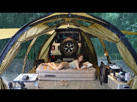 solo camping in heavy rain - Adventure camping in a tent on a flooded floor , ASMR