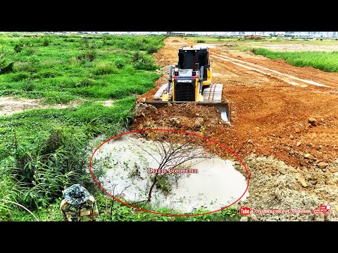 Complete Land Filling Process in Water Area Small! Skill Bulldozer Pushing Soil & Dump Trucks Action