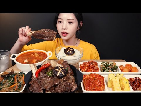 SUB)Braised short ribs soybean paste stew, japchae, & side dishes Mukbang! Korean homemade food Asmr