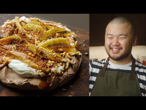 Chocolate Banoffee Pavlova: Coffee Caramel, Brulée Bananas, Dark Choc Meringue