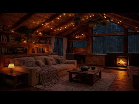 Cozy wooden cabin at night with rain sounds & fireplace 🔥🌧️ relaxing ambience for deep sleep, stress