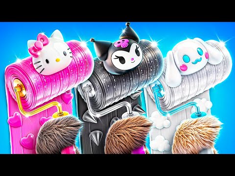 Мы построили секретные домики Hello Kitty vs Kuromi vs Cinnamoroll! Домики одного цвета челлендж!