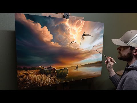 Storm Clouds Oil Painting - Man's Best Friend, Ducks, and Calm Water