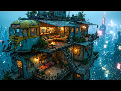 Lofi Rain 🌧️ Cozy Night in a Rooftop Bus • Relax, Study, Sleep & Release Stress in Cyberpunk City