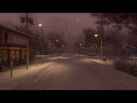 Serene Early Hours in a Snowy Village with Cherry Blossoms | Sounds of Falling Snow, White Noise