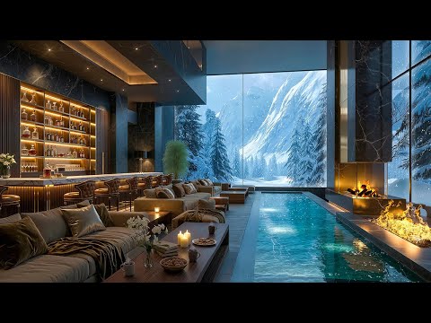 Winter Forest View in Living Room ❄️ Jazz Background Music & Crackling Fireplace for Focus & Working