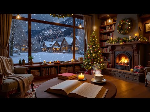 Calm Snowy Winter Café ❄️ Soft Jazz & Fireplace Sounds with Festive Fireworks for Study & Work