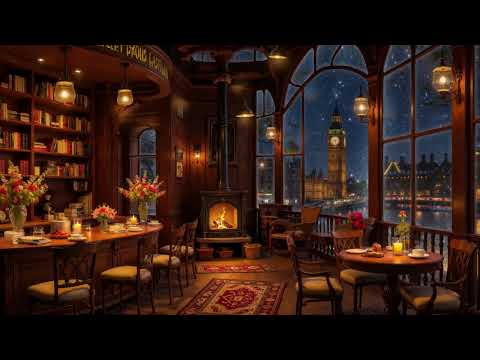 Smooth Jazz Instrumental Music at Cozy Bookstore Coffee Shop Ambience 📚 London Winter Night View