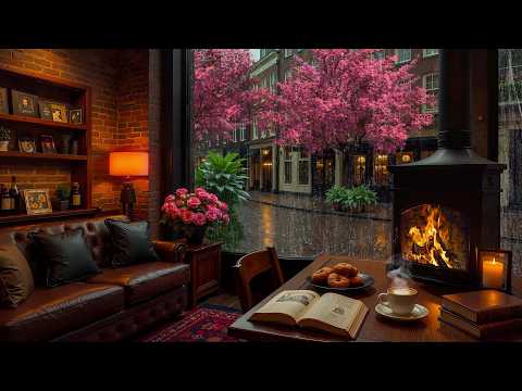 Beautiful Rainy March Café Night ☕ Gentle Jazz Piano, Rain & Fireplace Sounds for Work & Study