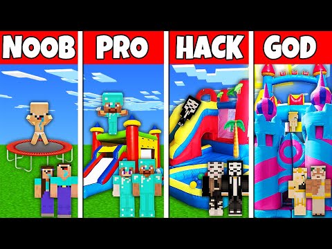 Minecraft Battle: NOOB vs PRO vs HACKER vs GOD BOUNCY CASTLE HOUSE BASE BUILD CHALLENGE in Minecraft