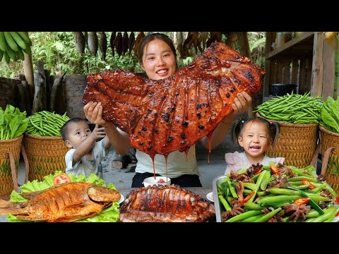 How to Grill Yummy Pork Ribs with single mom - Harvesting Beans, Fish pond & Cucumber to sell