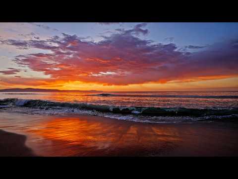 Fiery Sunset Glow on a Remote Beach with Rolling Ocean Waves | Relaxing ASMR for Deep Sleep | 3H 4K