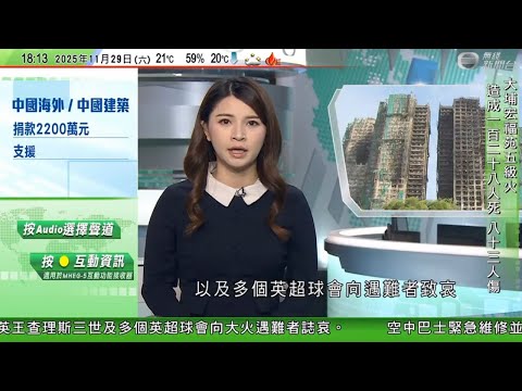 無綫TVB 六點半新聞報道｜宏福苑五級火 當局完成兩座大廈搜索無發現遺骸｜西班牙三十年首次現非洲豬瘟病例　據報中國已禁止從相關地區進口豬肉｜空巴宣布需緊急維修及更新A320客機軟件｜20251129